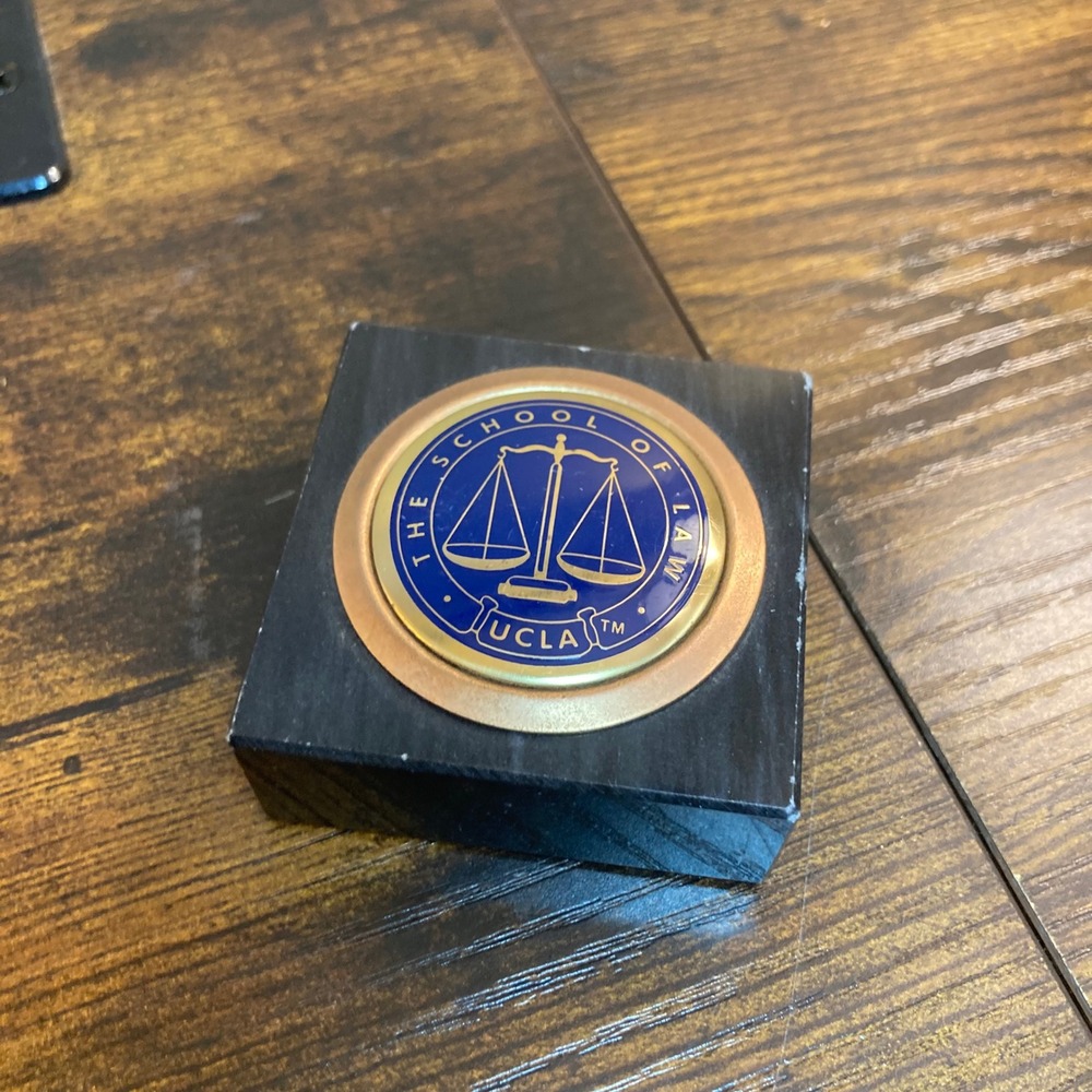 UCLA Law School 5oz Paperweight Black Marble Enamel Medallion Scales of Justice